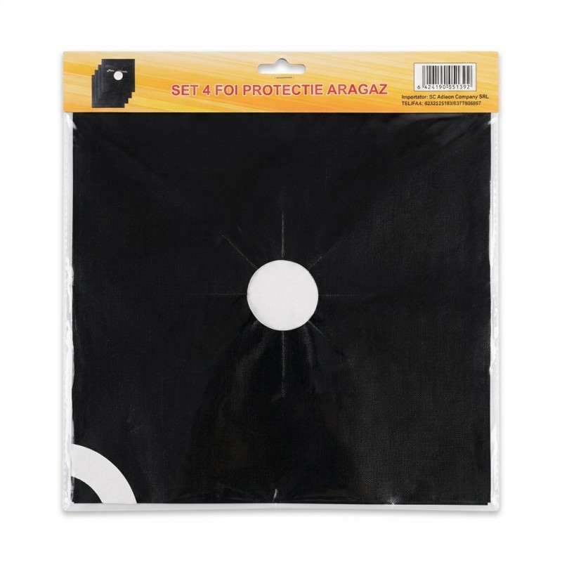 Set 4 folii protecție aragaz Adison din teflon, 27 x 27 cm, reutilizabile, negre, antiaderente